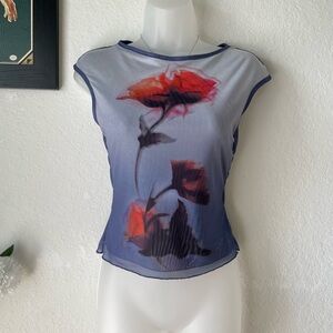 Floral Print Sheer Top - Blue and Red